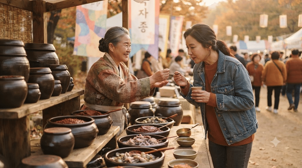 가을 먹거리축제에서 고추장과 젓갈을 시식하는 한국인 방문객
