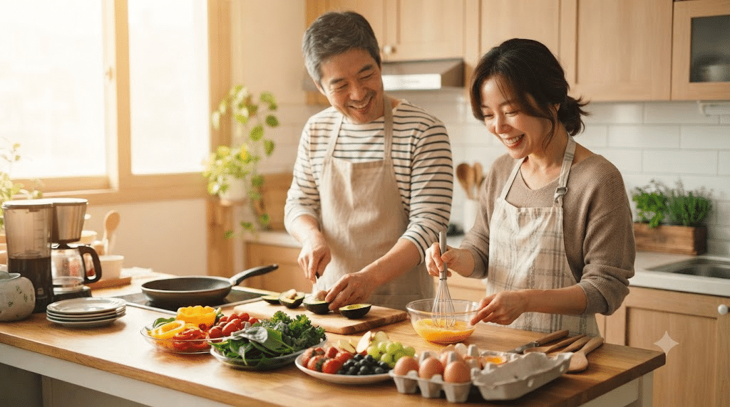 면역력 영양제보다 먼저 챙겨야 할 균형 잡힌 식사를 준비하는 한국인 부부