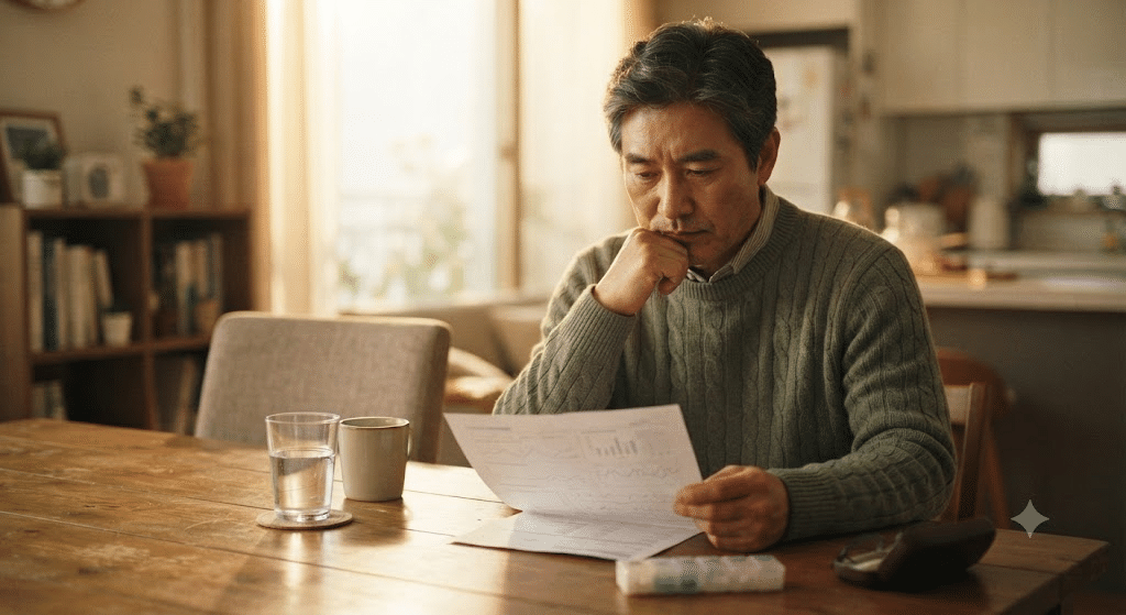 콜레스테롤 영양제 전에 확인할 것 - 건강검진 결과표를 보는 한국인 중년 남성