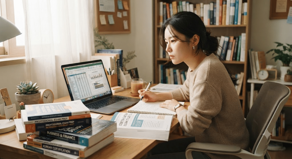 컴퓨터 자격증 종류 비교 - 노트북으로 엑셀을 공부하는 한국인 20대 여성