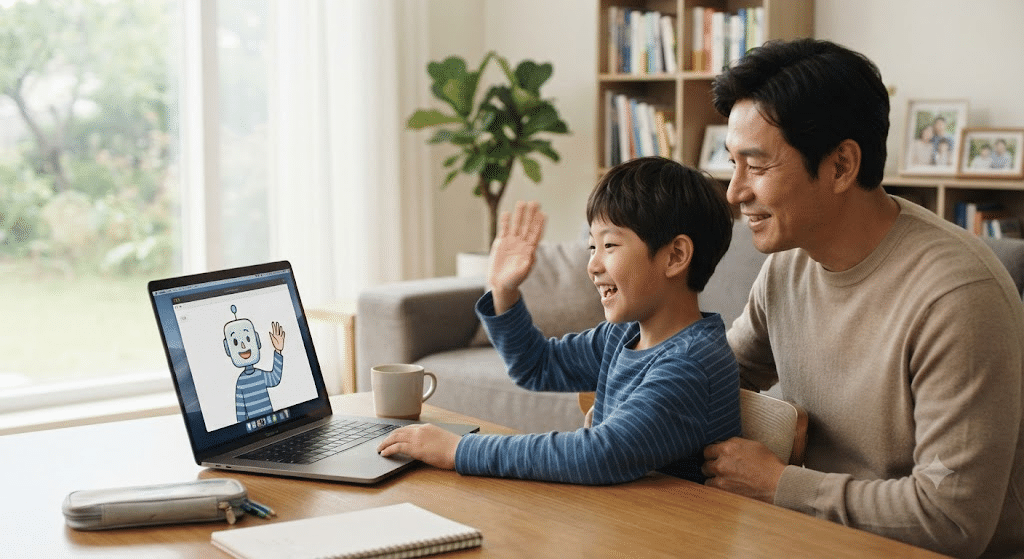 엔트리 코딩 AI 블록 - 손 인식 작품을 실행하는 한국인 초등학생과 아빠