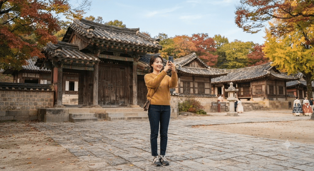 문경 가볼만한곳 오픈세트장 - 사극 촬영장에서 사진을 찍는 한국인 30대 여성