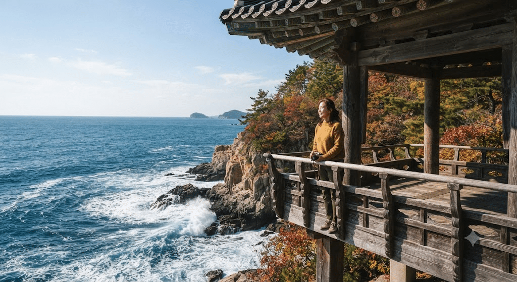 고성 가볼만한곳 청간정 - 동해 바다를 내려다보는 정자에 선 한국인 50대 여성