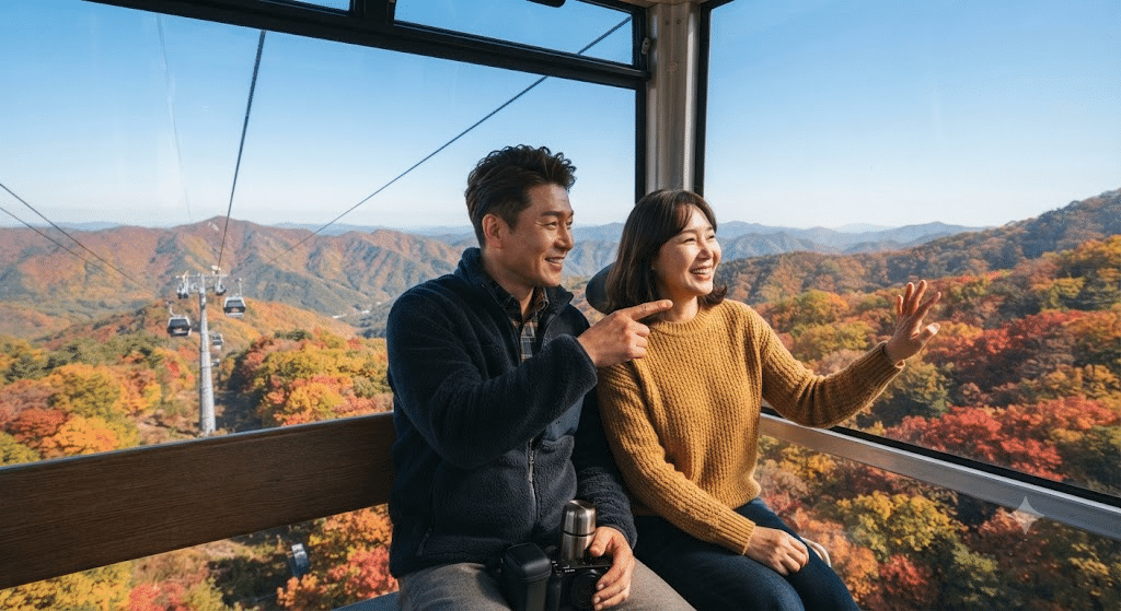 평창 가볼만한곳 발왕산 케이블카 - 단풍 든 산 위를 지나는 케이블카 안의 한국인 40대 부부