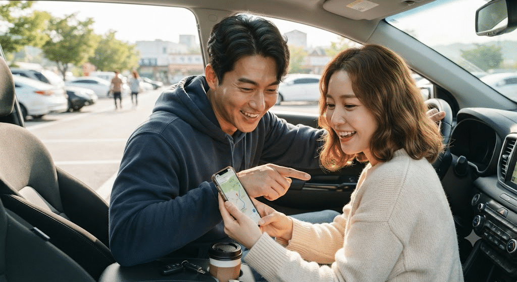 근처 가볼만한곳 찾는 법 - 스마트폰 여행 앱으로 여행지를 찾는 한국인 30대 커플