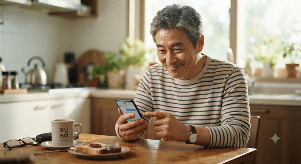 챗GPT 사용법 가입과 첫 대화 - 스마트폰으로 첫 질문을 입력하는 한국인 50대 남성