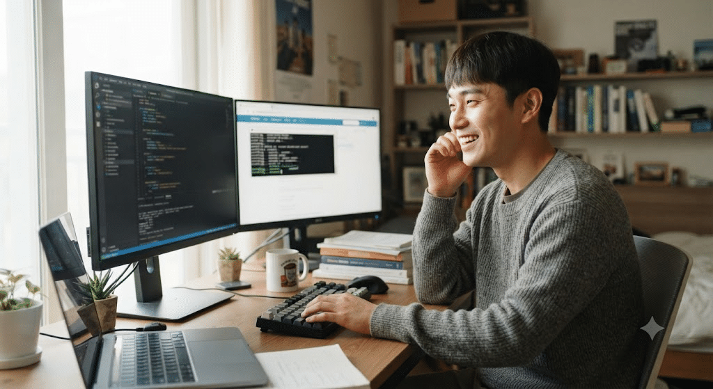 코딩 프로그램 설치와 첫 실행 - 첫 코드를 실행하고 웃는 한국인 대학생