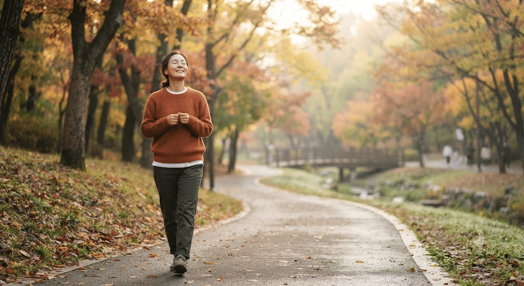 심리상담센터 상담을 이어 가는 팁 - 아침 공원을 산책하며 마음을 돌보는 한국인 40대 여성