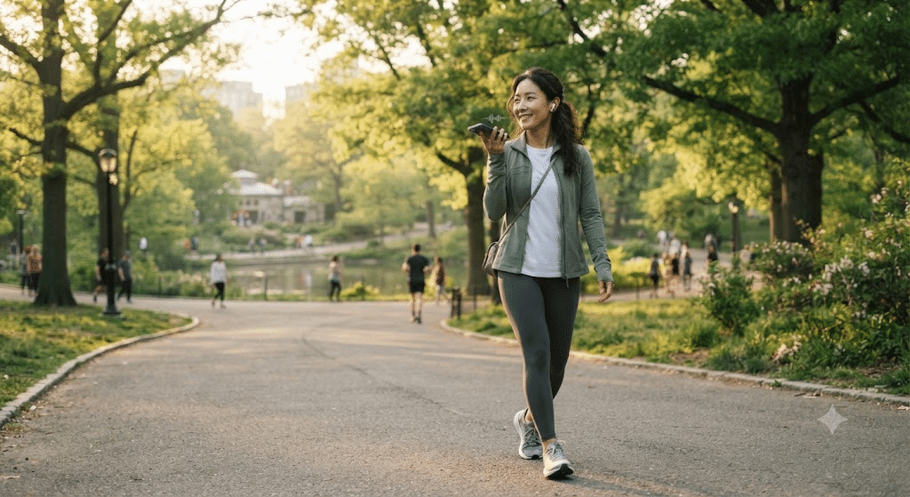 AI 대화 서비스 - 공원에서 스마트폰 음성 AI와 대화하는 한국인 30대 여성