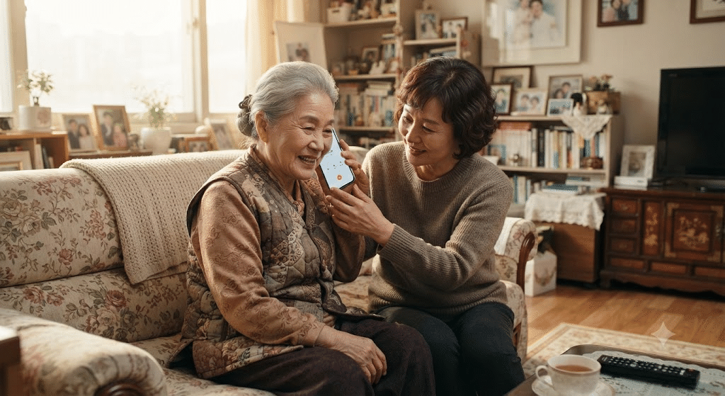 어르신 AI 대화 안부전화 - 딸의 도움으로 안부전화를 받는 한국인 80대 어르신