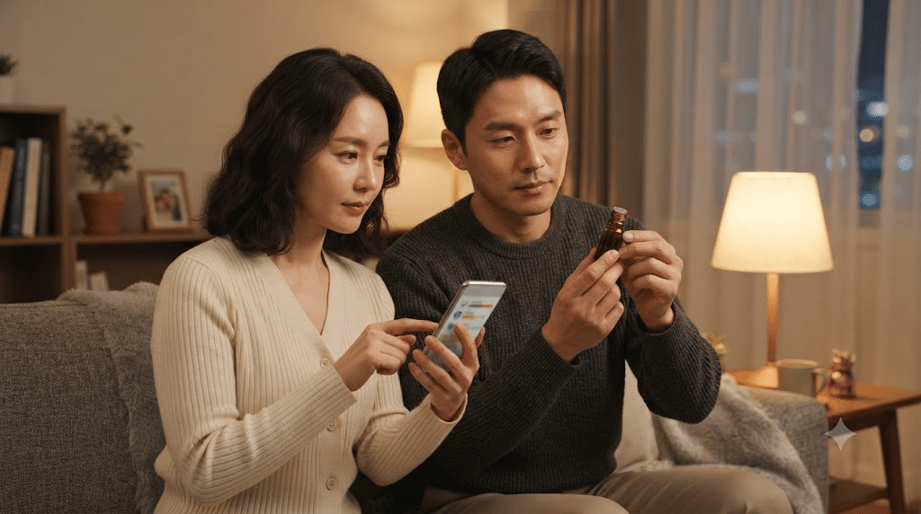 한국인 부부가 소파에 앉아 스마트폰으로 해외직구 아로마오일의 안전기준 부적합 여부를 조회하는 모습