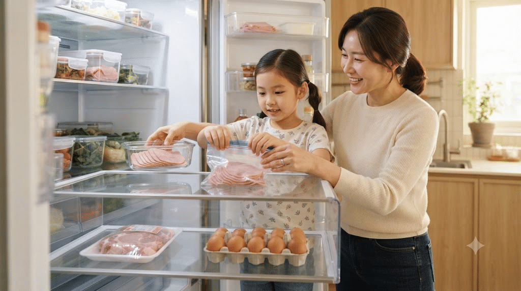한국인 엄마와 딸이 남은 햄을 밀폐용기에 옮겨 담아 생고기·달걀과 다른 칸에 보관하는 모습