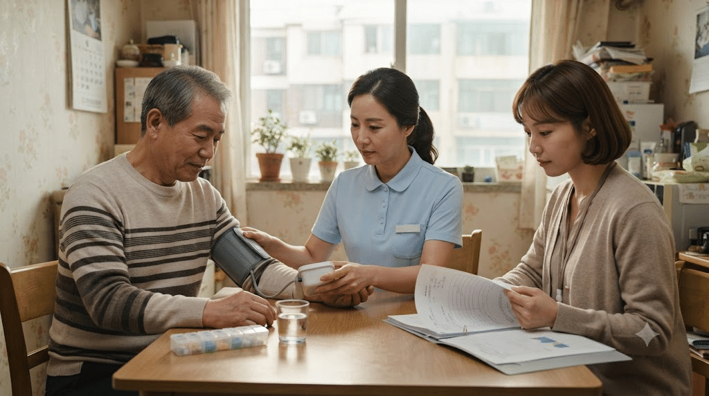 한국인 간호사와 사회복지사가 70대 어르신 집을 방문해 혈압을 재고 복약과 돌봄 계획을 확인하는 모습