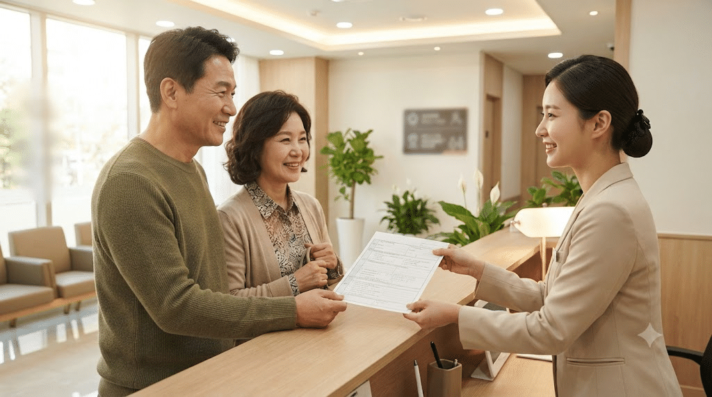 50대 한국인 부부가 동네의원 접수창구에서 일차의료 혁신 시범사업에 등록하는 모습
