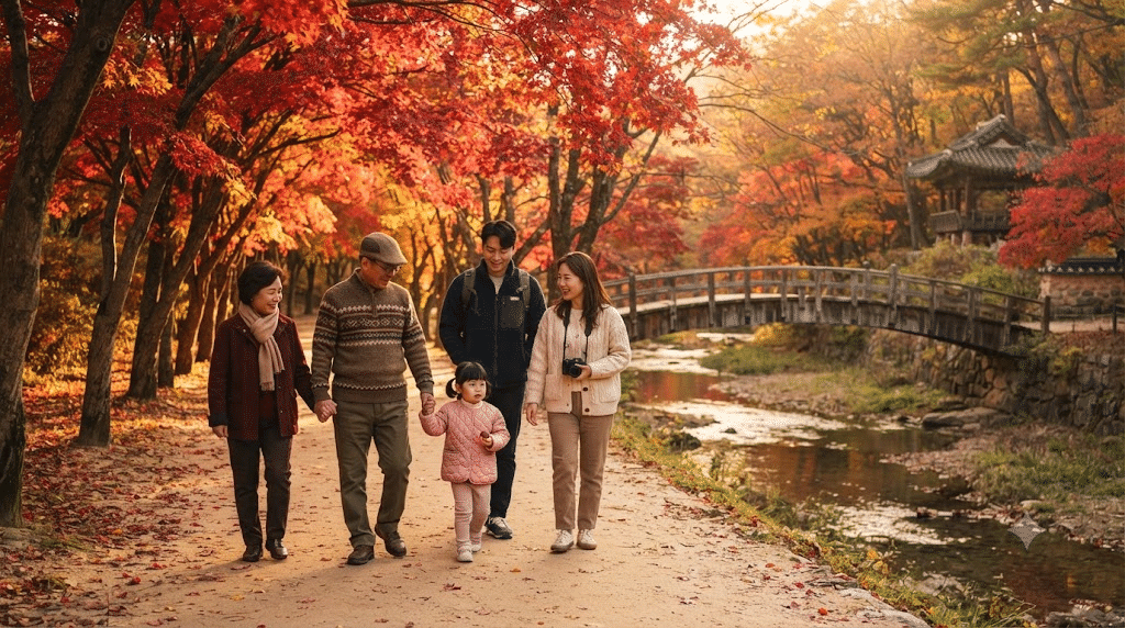 내장산 단풍 붐비지 않게 즐기는 한국인 가족의 오후 산책