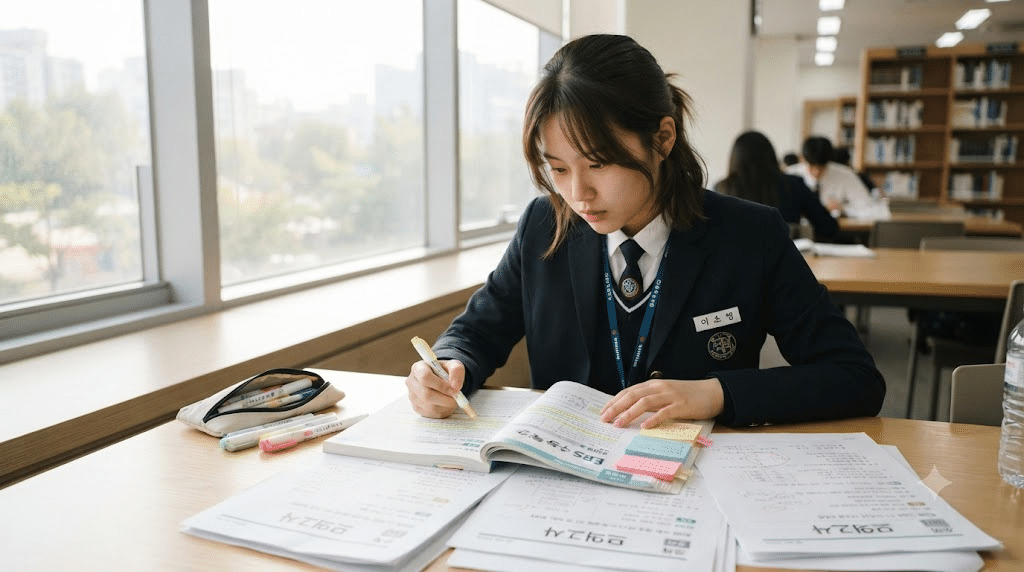 수능 날짜를 앞두고 모의평가 오답을 점검하는 한국인 수험생