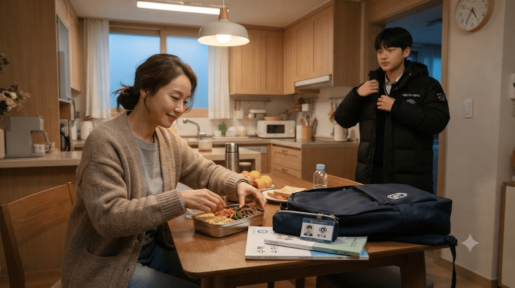 수능 날짜 당일 준비물과 도시락을 챙기는 한국인 수험생 가족