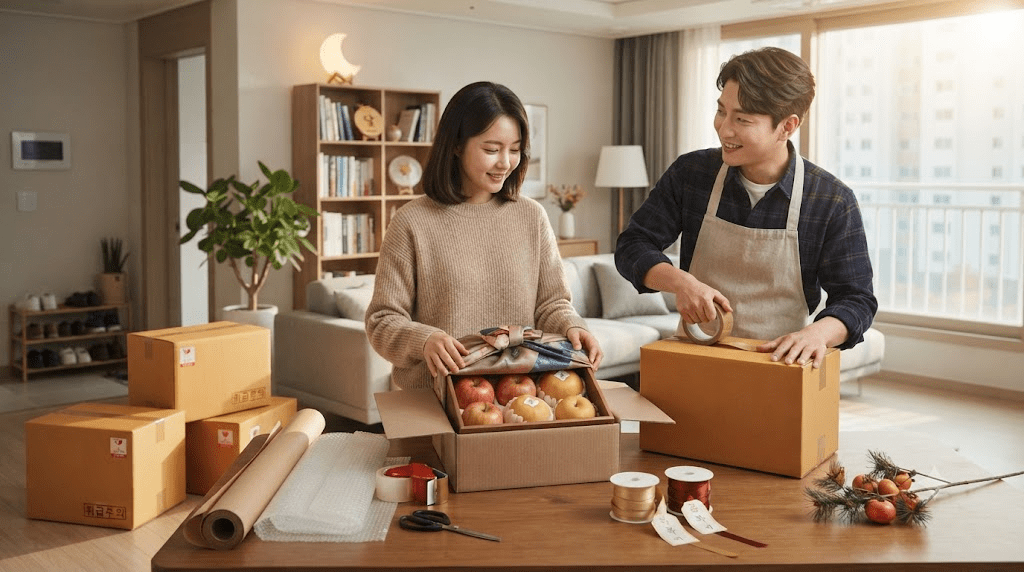 식품 선물 상자를 포장하는 두 사람