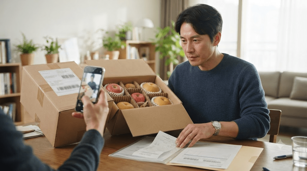포장 상자의 식품과 안내 자료를 확인하는 남성