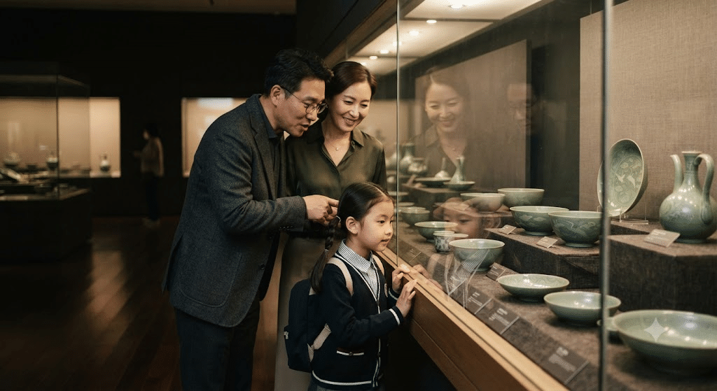 서울 전시회 국립중앙박물관 특별전에서 옛 그릇을 관람하는 한국인 가족