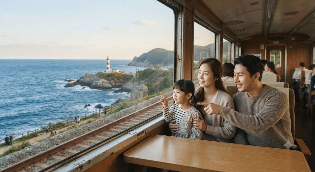 해운대 놀거리 해변열차 창밖으로 바다를 보는 가족