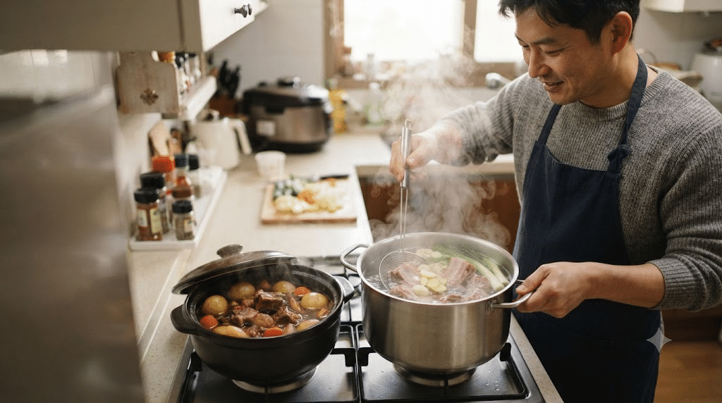 간장 돼지갈비찜을 만들기 전 돼지갈비를 데치는 모습