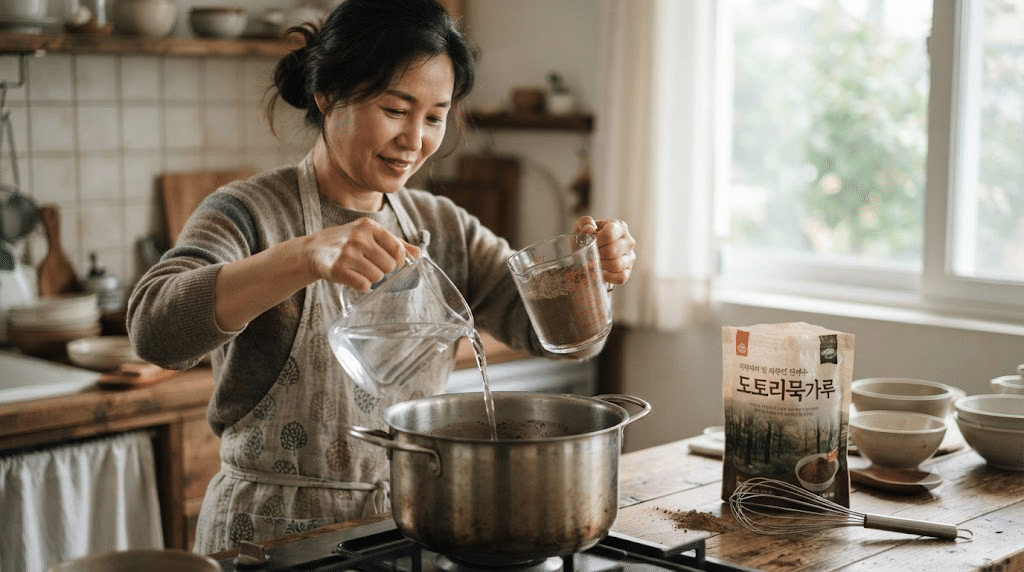 도토리묵 만들기|가루 1컵에 물 5~6컵 비율, 25분 젓는 순서와 굳히는 시간