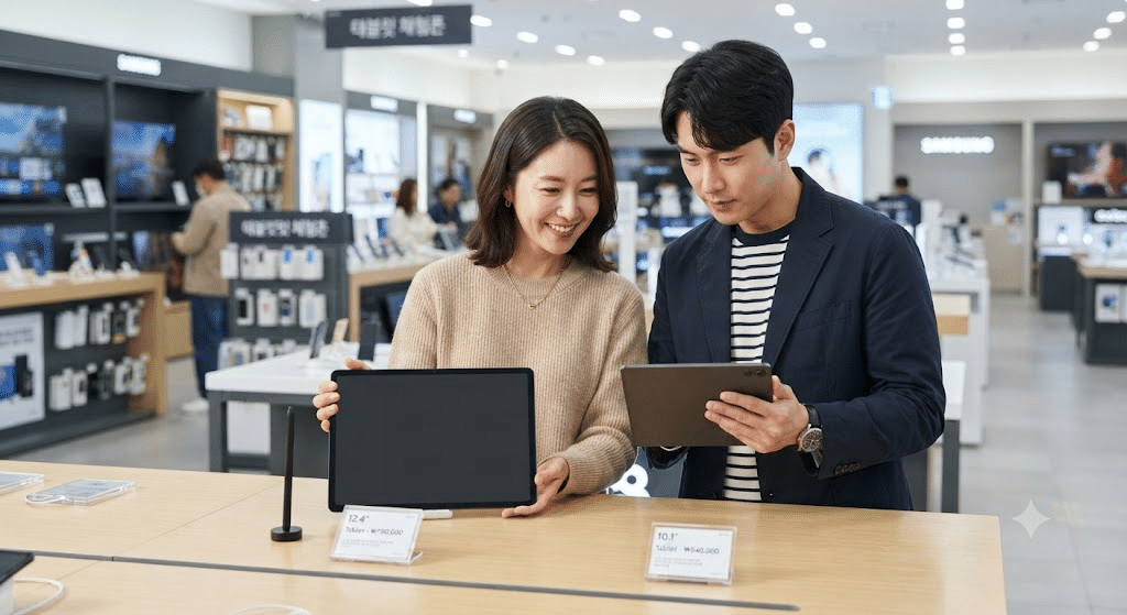 태블릿 추천 모델의 가격을 매장에서 비교하는 30대 한국인 부부