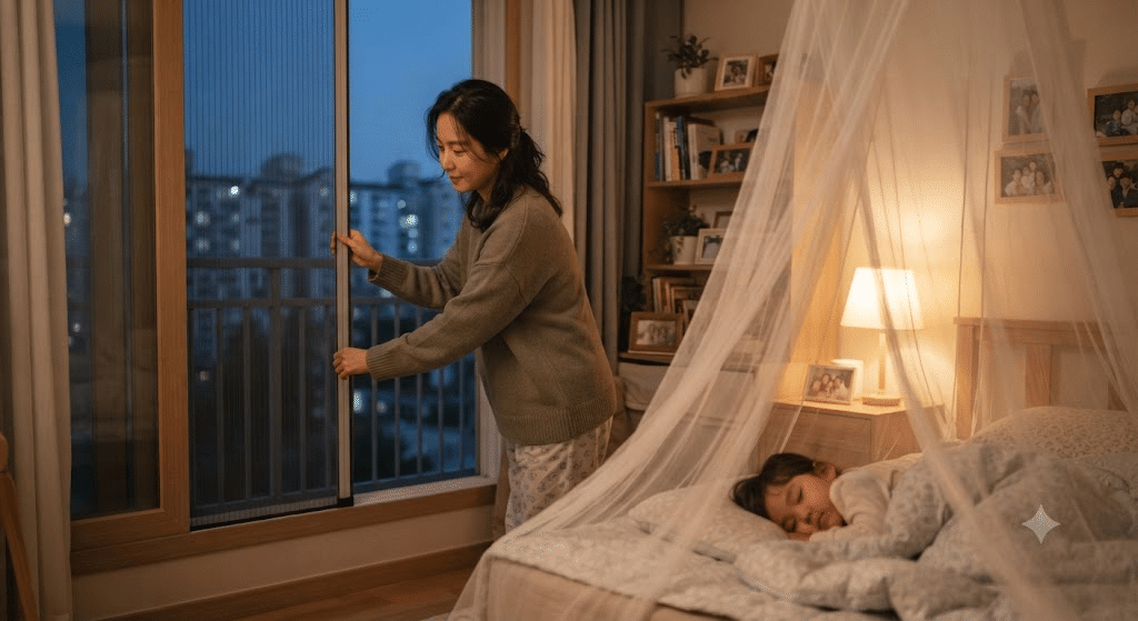 모기퇴치기 대신 방충망과 모기장으로 아이 방을 지키는 30대 한국인 엄마