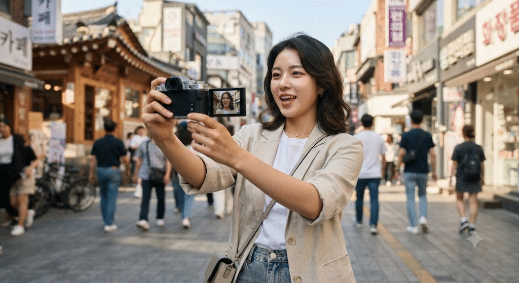 브이로그용 디지털카메라로 셀카 영상을 촬영하는 모습