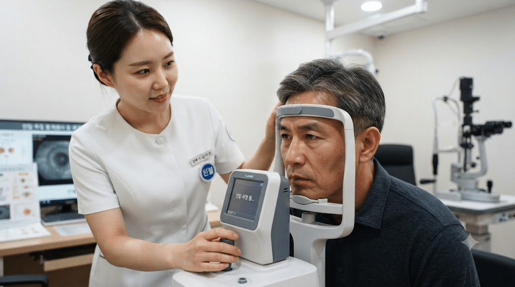 안과에서 녹내장 확인을 위해 안압을 측정하는 한국인 남성