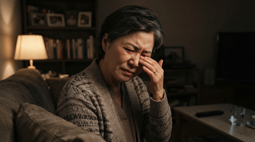 급성 녹내장 증상으로 눈 통증과 두통을 느끼는 모습