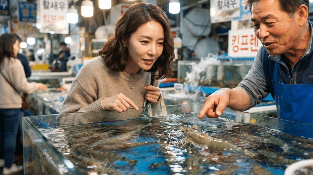 대하축제에서 대하와 흰다리새우를 구별하는 모습