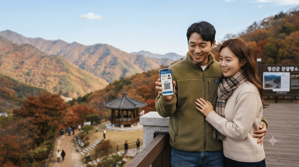 여행지에서 디지털 관광주민증을 확인하는 커플