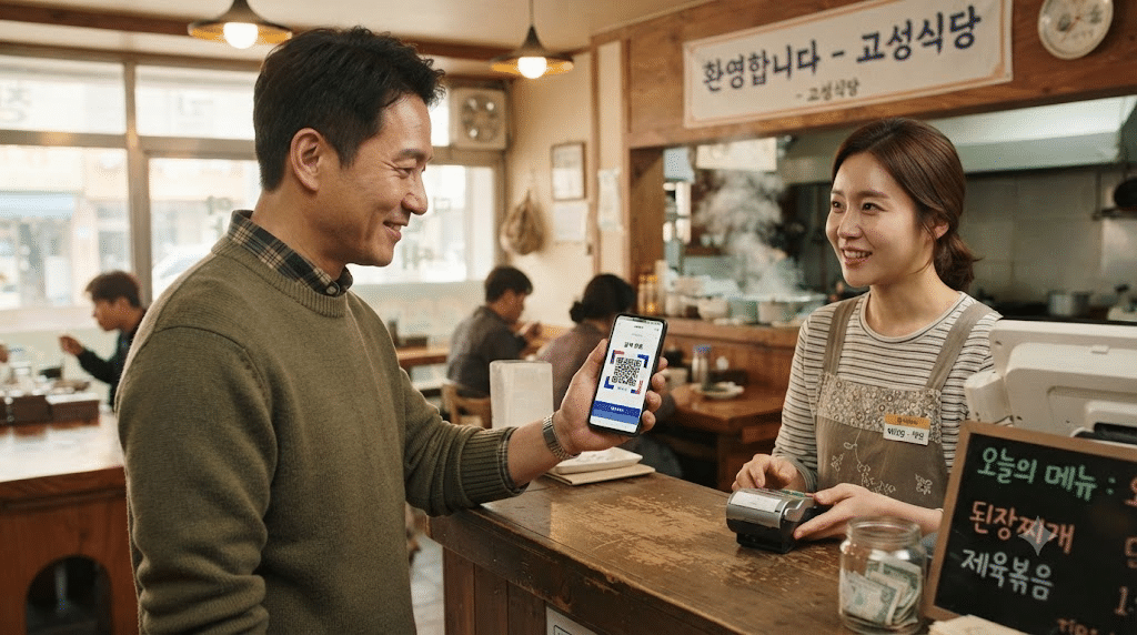가맹점에서 디지털 관광주민증 QR코드로 할인받는 모습