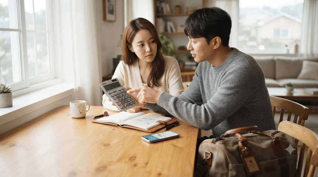 배편 왕복 요금과 차량 선적 비용을 함께 계산하는 여행 준비 장면