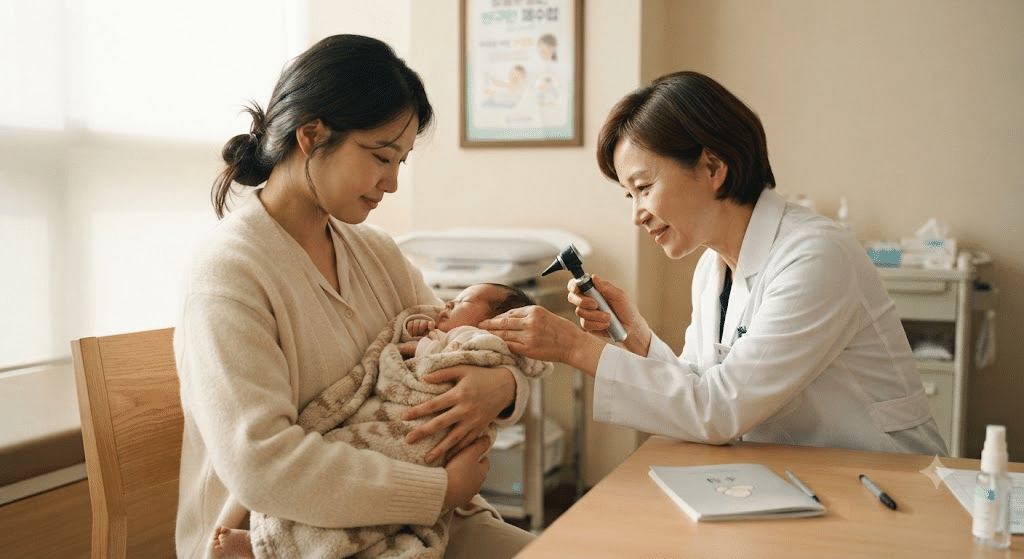 보건소에서 아기의 B형간염 예방접종 무료 지원을 상담하는 한국인 엄마와 소아과 의사
