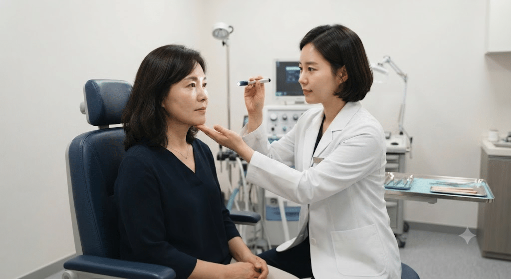 이석증 증상 진단을 위해 안구운동검사를 받는 한국인 환자