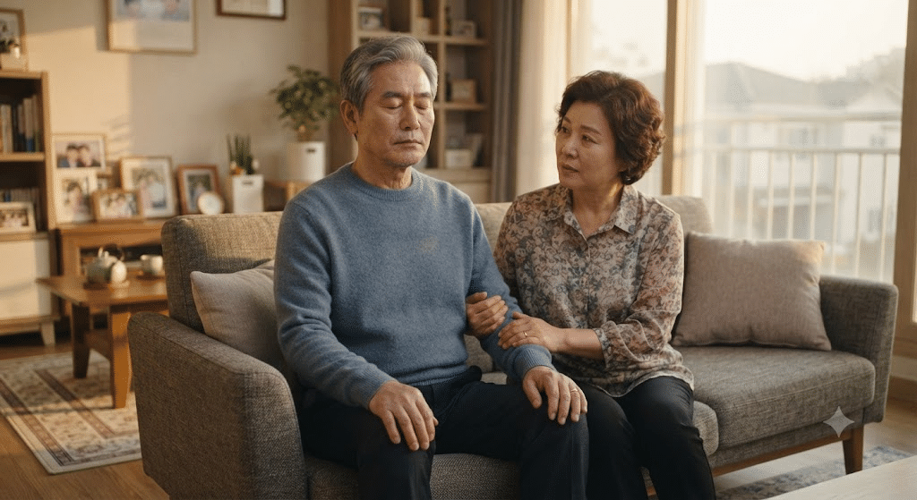 이석증 증상이 나타나 가만히 앉아 어지럼이 가라앉기를 기다리는 한국인 노부부