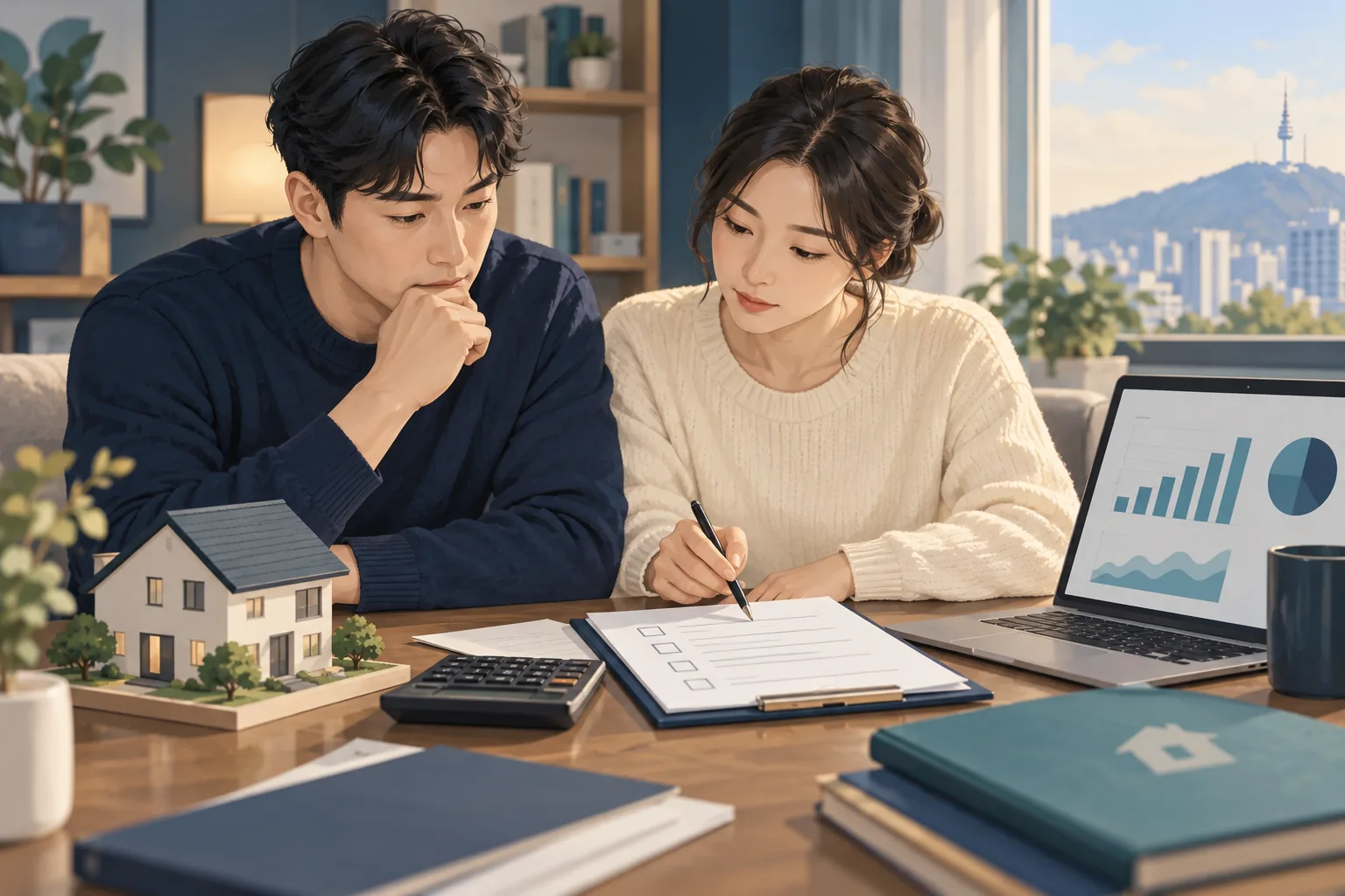 주택 모형과 계산기로 가계 대출 비용을 검토하는 가족